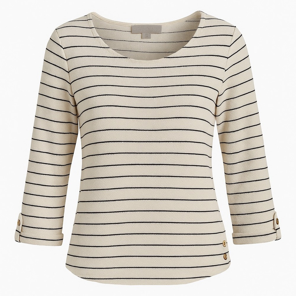 Carolyn Taylor XL Striped Knit Top Cream Black Nautical Breton 3/4 Sleeve Casual
